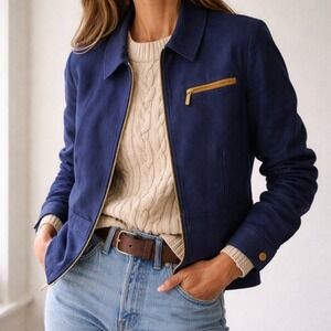 Lauren Ralph Lauren Linen Blend Zip Blazer Jacket – Women's 14 Navy Leather Trim